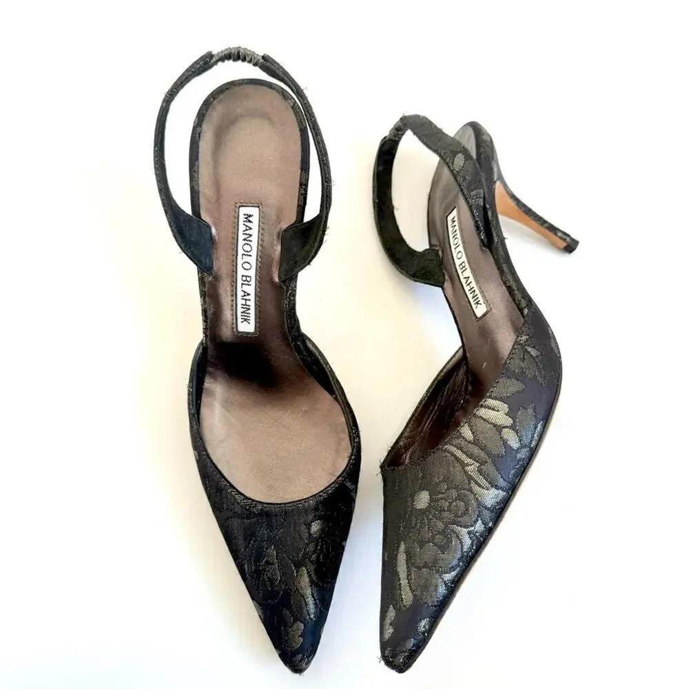 Manolo Blahnik Black Metallic Grey Floral Brocade Carolyne pumps 70mm EU 38